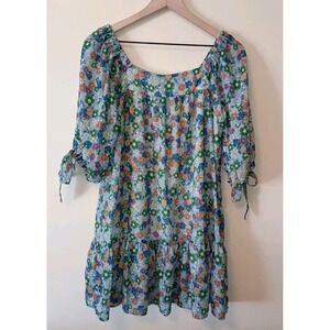 Shore Blue Floral Ruffle‎ Puff Sleeve Short Dress Sz S Fairy Whimsical Coastal